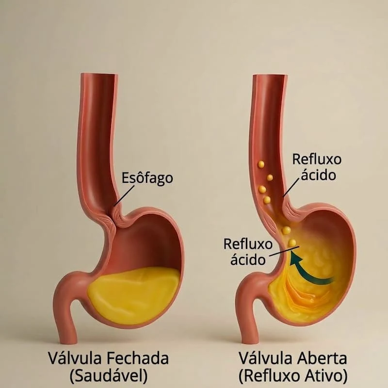 Comparação anatômica: válvula gástrica fechada e saudável à esquerda; válvula aberta com refluxo ácido à direita